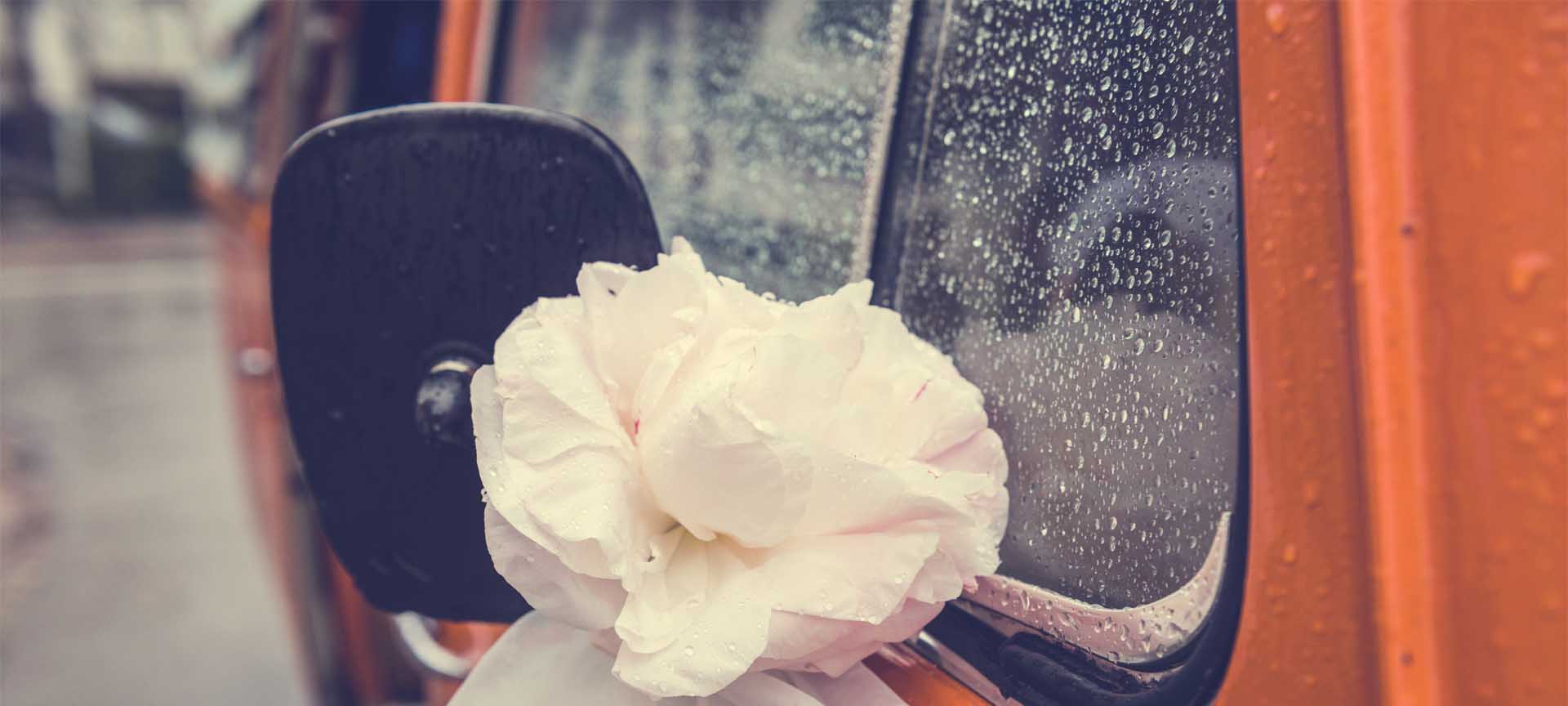 Fleur sur rétroviseur de voiture de mariage louée (bus VW T2b des années 70)