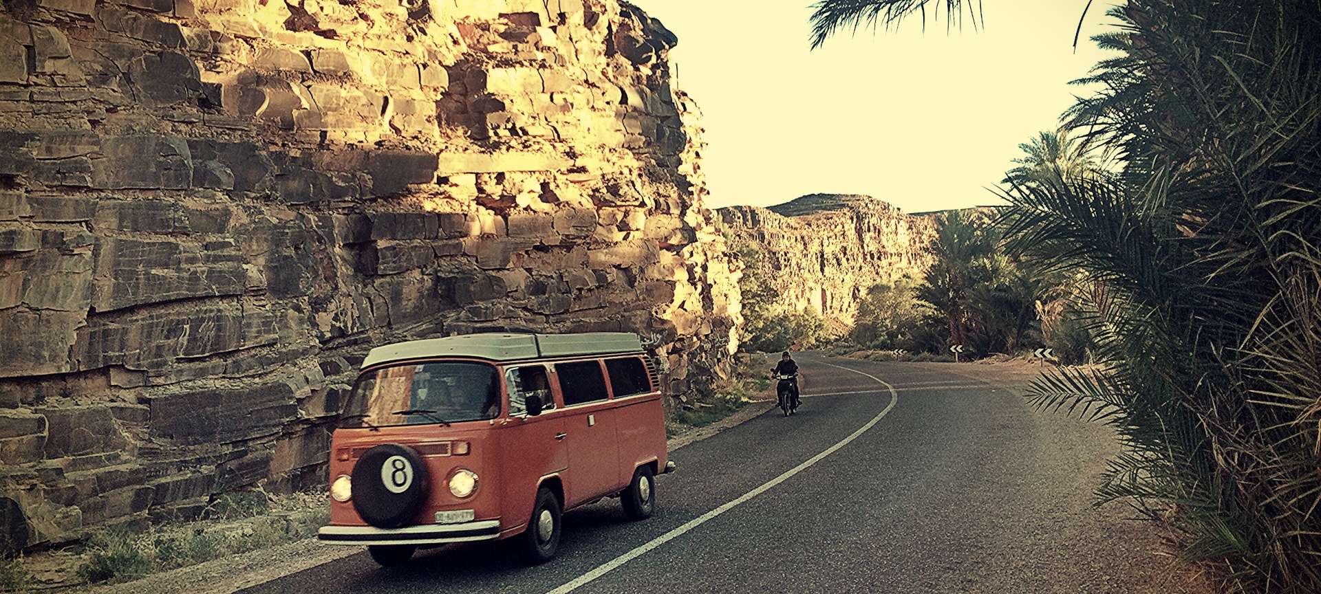 oranges VW-Büssli auf Abenteuer in Afrika auf Strasse zwischen Felsen und Palmen